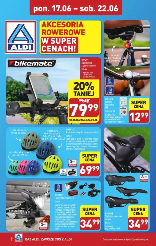 Aldi - gazetka promocyjna Akcesoria rowerowe w SUPER CENACH! od poniedziałku 17.06 do soboty 22.06