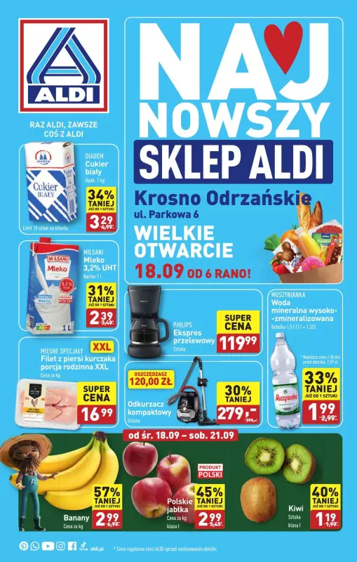 Aldi - gazetka promocyjna Krosno Odrzańskie: WIELKIE OTWARCIE już w środę : 18.09! od środy 18.09 do soboty 21.09