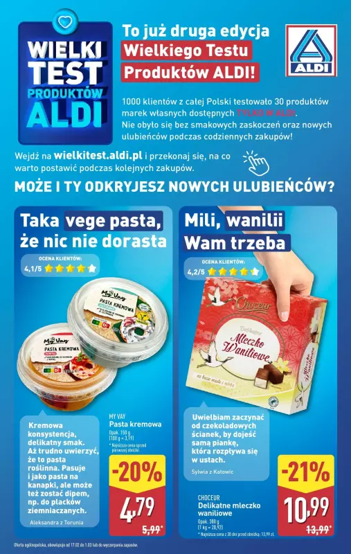 Aldi - gazetka promocyjna Wielki test produktów Aldi! od poniedziałku 17.02 do soboty 22.02