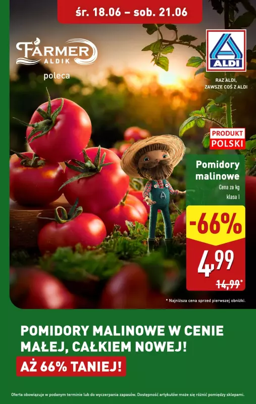 Aldi - gazetka promocyjna Pomidory malinowe w super cenie! od środy 18.06 do soboty 21.06