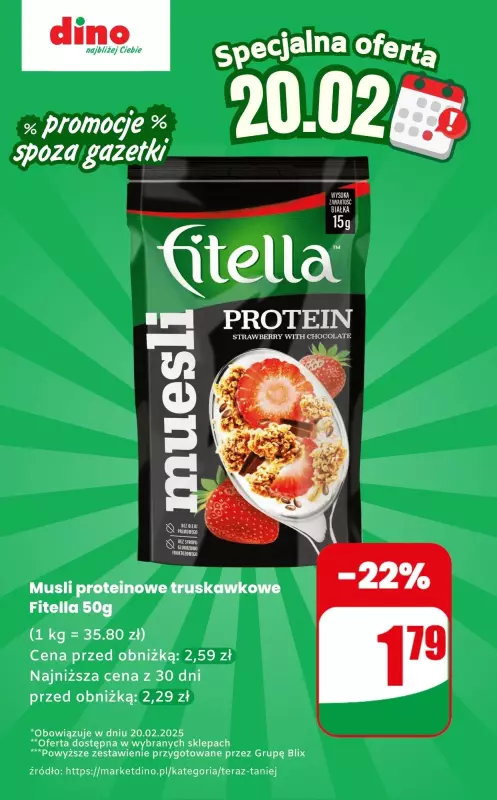 Dino - gazetka promocyjna Musli proteinowe - oferta na 20.02 | Promocje spoza gazetki od czwartku 20.02 do czwartku 20.02