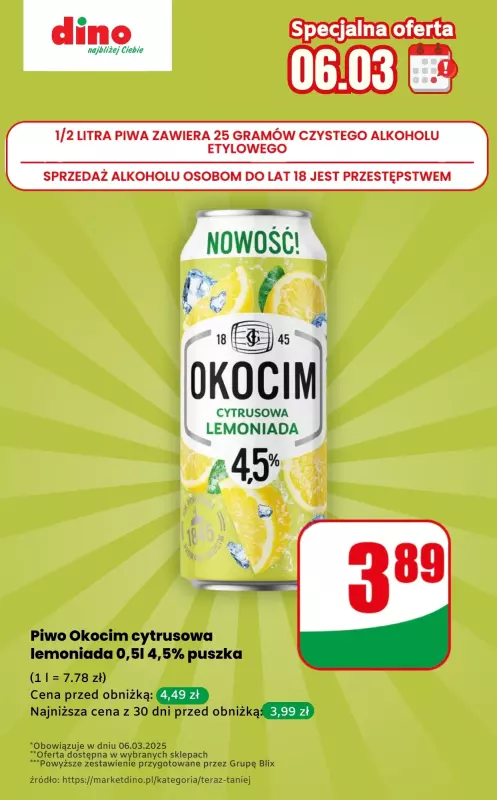 Dino - gazetka promocyjna Piwo cytrusowa lemoniada - oferta na 06.03 | Promocje spoza gazetki od czwartku 06.03 do czwartku 06.03