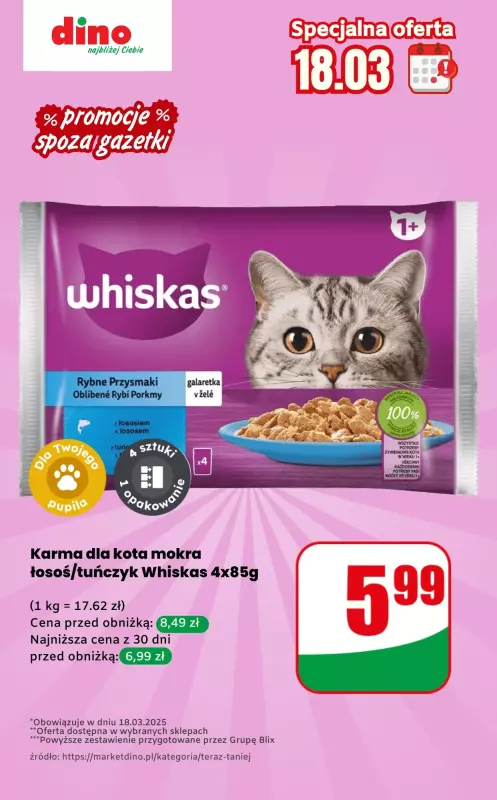 Dino - gazetka promocyjna Karma dla kota - oferta na 18.03 | Promocje spoza gazetki od wtorku 18.03 do wtorku 18.03