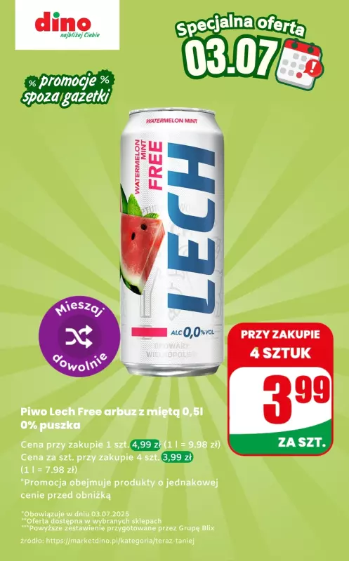 Dino - gazetka promocyjna Piwo 0%  - oferta na 03.07 | Promocje spoza gazetki  