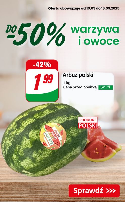 Dino - gazetka promocyjna Do -50% na owoce i warzywa od czwartku 11.09 do wtorku 16.09
