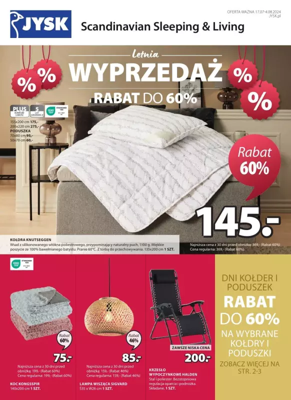 Jysk - gazetka promocyjna Letnia wyprzedaż. Rabat do 60% od środy 17.07 do niedzieli 04.08