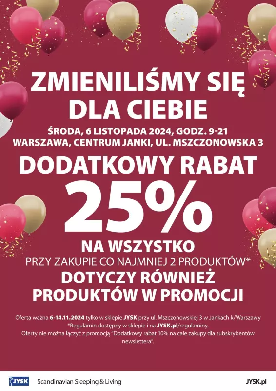 Jysk - gazetka promocyjna WARSZAWA JANKI: Wielkie Otwarcie JYSK! Już w ŚRODĘ 06.11! od środy 06.11 do czwartku 14.11