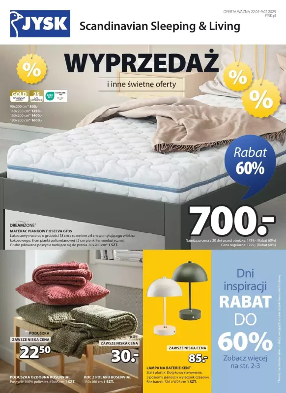 Jysk - gazetka promocyjna Wyprzedaż. Rabat do 60% od środy 22.01 do niedzieli 09.02