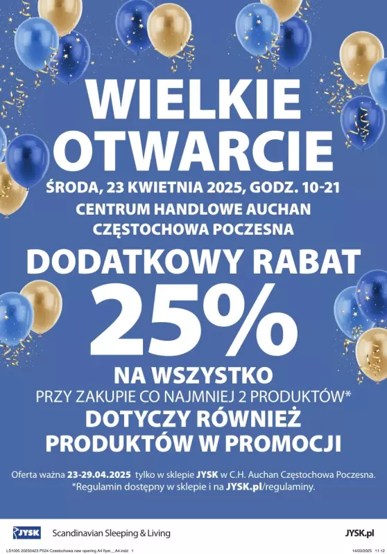 Jysk - gazetka promocyjna CZĘSTOCHOWA: Wielkie Otwarcie JYSK! Już 23.04! od środy 23.04 do wtorku 29.04