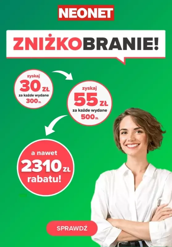 NEONET - gazetka promocyjna Zniżkobranie! -55 zł za każde wydane 500 zł od poniedziałku 15.07 do środy 17.07